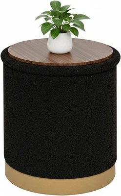 Black Boucle Round Storage Ottoman Folding Footrest with Flip-Top Tray - Image 1 of 4