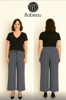 🌿 Calça Bobeau Feminina Perna Larga Estampa Boho Extra Grande – Azul Marinho Elástico Pull-On 🌿 - Imagem 1 de 4