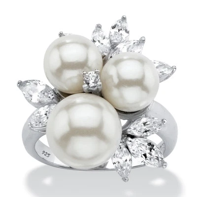 1.84 TCW Simulated Pearl and CZ Platinum-plated Sterling Silver Cocktail Ring - Image 1 of 4