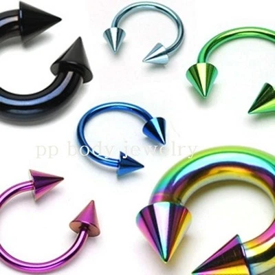 PAIR Anodized Surgical Steel Spiked Horseshoe Circular Barbell Ear Labret Septum - Image 1 of 2