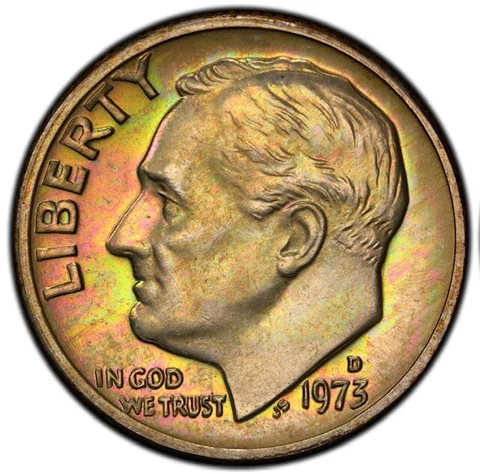 MS66 1973-D 10C Roosevelt Dime, PCGS Secure- Pretty Rainbow Toned Cover