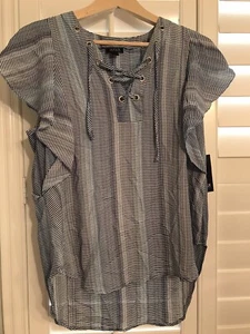 a.n.a a new aproach flutter sleeve lace tie neck stripe blouse m blue - Picture 1 of 2