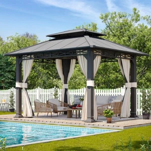 10' X 12' Double Roof Hardtop Gazebo with Netting and Curtains - Picture 1 of 6