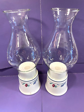 Lenox Poppies on Blue Pattern PAIR of Hurricane Lamp Candle Holders with Globes