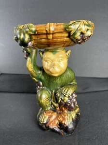 MCM VINTAGE MAJOLICA MONKEY Bowl & FRUIT GLAZED CERAMIC PLANT STAND Candy Dish - Picture 1 of 12