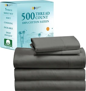 Grey Sheet Set Split-King - 500 Thread Count 100% Pure Cotton, Sateen Weave, Bre - Picture 1 of 8
