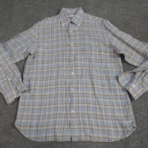 Giampaolo Mens Shirt L Blue Plaid 100% Linen Made in Italy - Picture 1 of 10