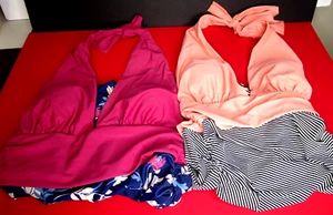 NWT~CUPSHE X 2~Drk Pink/Peach Halter Top Open Back One-Piece Swimsuits~SZ Large - Picture 1 of 4