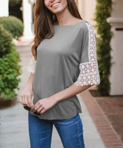 MSRP $50 Amaryllis Light Gray Crochet-Panel Top Size Medium - Picture 1 of 1