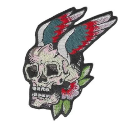 FLYING SKULL IRON ON PATCH 3.75" Retro Tattoo Art Biker Motorcycle Embriodered - Image 1 of 2