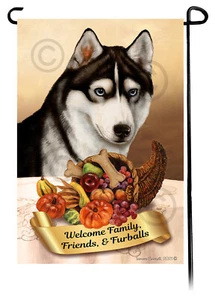 Thanksgiving Garden Flag - Blue Eyed Black and White Siberian Husky 130 - Picture 1 of 1