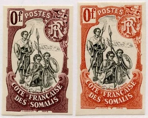 COSTA SOMALÍ FRANCESA PRUEBAS DE COLOR 1902 WARRIORS IMPERFS 0f MAUVE + ROSE PROOFS - Imagen 1 de 2