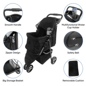 3-Wheel Foldable Pet Stroller Dog Stroller Cart w/Comfortable Pads & Cup Holder - Picture 1 of 10