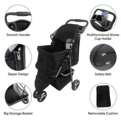 3-Wheel Foldable Pet Stroller Dog Stroller Cart w/Comfortable Pads & Cup Holder - Image 1 of 4