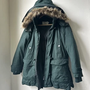Down Jacket Puffer Coat Green Removable Fur Trim Sz S Calvin Klein - Picture 1 of 8