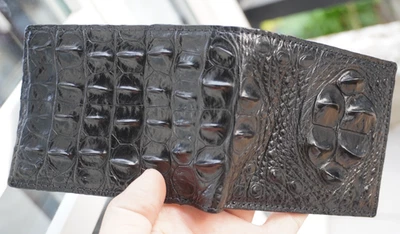 Cartera plegable de cuero con espalda de cuerno de cocodrilo real negra para hombre #G38 Foto 1 de 4