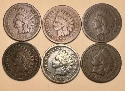 INDIAN HEAD CENT PENNY LOT of 6 : 1881, 1882, 1883 (2), 1885, 1887 - Image 1 of 2