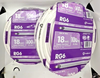 JUEGO DE 2-Southwire RG6Doble Escudo Bobina de Cable Coaxial 18 AWG Blanco 100 ft Nuevo Sellado Foto 1 de 4