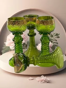 Antique Set of 4 Handmade Bohemian Moser Chalices Green Gilded Roemer Stem - Picture 1 of 19