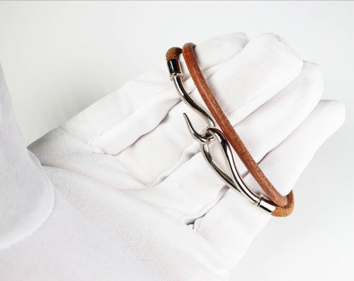HERMÈS Bracciale HERMES Jumbo Hook Doppio Tour Ferramenta Palladio e Pelle Marrone