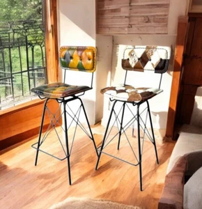 2 Pack Leather Cowhide Bar Stool Armless Counter Iron Frame Sitting Stool Bar - Picture 1 of 7