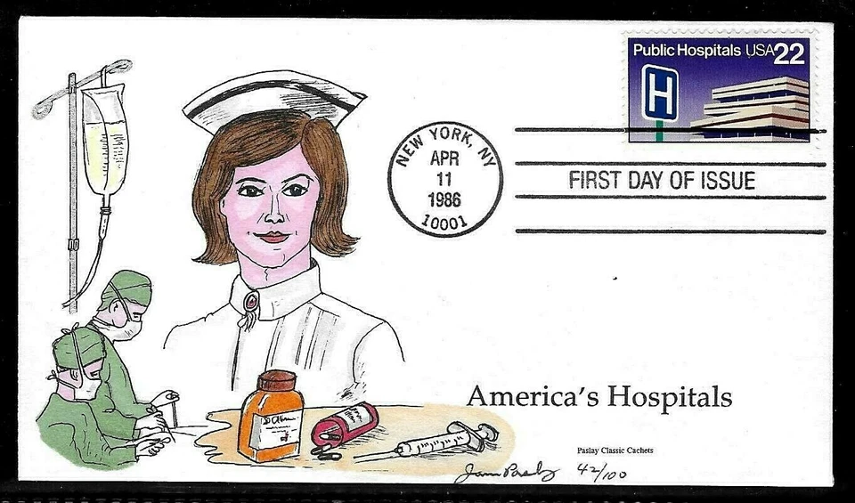 2210 22c Stamp (1986) THE PUBLIC HOSPITALS FDC HD/HP BY PASLAY CLASSIC CACHETS - Image 1 of 1