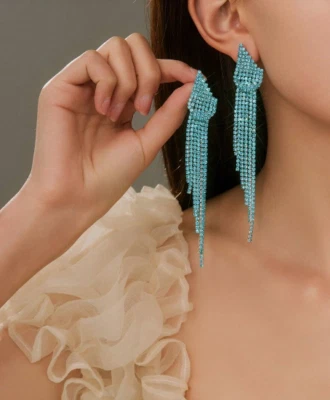 Light Blue Womens Silver Long Drop Bling Diamante Earrings Crystal Rhinestone - Image 1 of 4