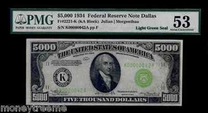 FR 2221K FEDERAL $5,000 1934 GRADED PMG 53! "LIGHT GREEN SEAL"! TWO DIGIT #42 - Picture 1 of 4