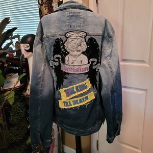 Vintage 90er Streetwear Jeansjacke Blau Patch Patches Angel Thrasher Punk Rock - Bild 1 von 8