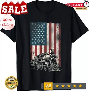 Steam Train Driver Trainspotting Locomotive American Flag Gift Unisex T-Shirt - Picture 1 of 20