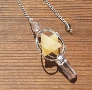 NATURAL GOLDEN QUARTZ GEMSTONE 3 STONE MERKABA STAR SPINNING PENDULUM - Picture 1 of 4