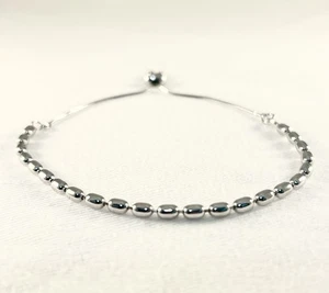 Beaded Adjustable Bracelet Sterling Silver Oval Beads w/ Slide Clasp - Picture 1 of 5