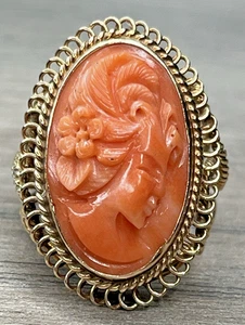 Antico cammeo corallo arancione salmone oro giallo 14 carati raro anello giapponese GEISHA 8 g - Foto 1 di 23