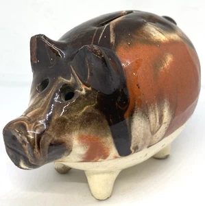 Antigua alcancía de cerámica esmaltada de gres para cerdo agujeros ojos esmalte por goteo mercancía amarilla - Imagen 1 de 14