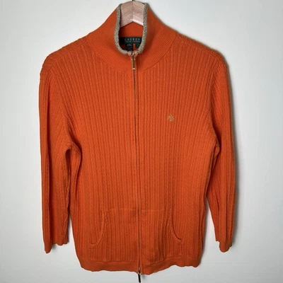 Cárdigan Suéter Ralph Lauren Para Mujer Tejido con Cable Cremallera Completa Borde Metálico Naranja L Foto 1 de 4