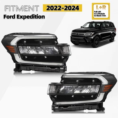 For 2022-2024 Ford Expedition Full LED Headlight w/ Black Trim Right+Left Pair - Image 1 of 4