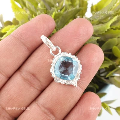 Topazio Blu Cielo Gemma 925 Argento Sterling Nozze Grazie Giving Giorno Ciondolo - Immagine 1 di 4