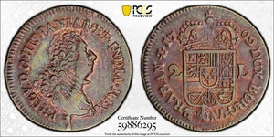 1709 PAESI BASSI SPAGNOLI NAMUR PHILIP V RAME 2 LIARDS KM6 PCGS XF DETTAGLI - Foto 1 di 3