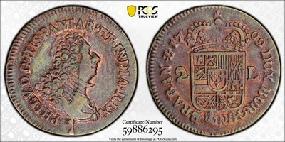 1709 SPANISH NETHERLANDS NAMUR PHILIP V COPPER 2 LIARDS KM6 PCGS XF DETAILS - Image 1 of 3
