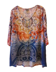Cathrines Top Tshirt Embellished Womens Size 1X Colorful 3/4 Sleeve Tunic Comfy - Picture 1 of 7