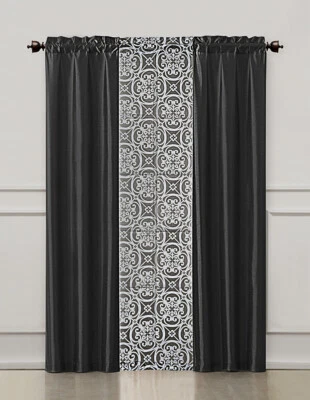 Black 3 Piece Window Curtain Set : 2 Faux Silk Panels and 1 Printed Voile/sheer - Image 1 of 2