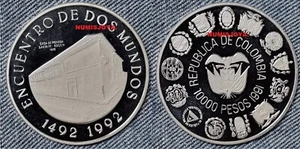 COLOMBIA 10000 PESOS PLATA PROOF AÑO 1991 1ª SERIE IBEROAMERICANA DOS MUNDOS. - Foto 1 di 3