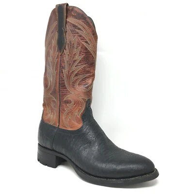 Botas de caubói Larry Mahan Western masculinas tamanho 8.5 preto marrom couro de boi - Imagem 1 de 4