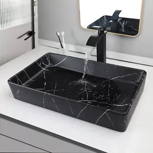 24" Rectangular Bathroom Vessel Sink Black Marble ceramic Basin Faucet Drain Set - Picture 1 of 7