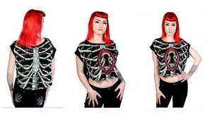 B14 BANNED Womens Black Ribcage with Keyhole Rockabilly Style Short Skull Shirt - Picture 1 of 6