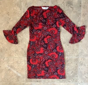 VINTAGE SHE'S NO ANGEL RED BODYCON DRESS BELL SLEEVES - SHORT -FLOWER SIZE 12/14 - Picture 1 of 9