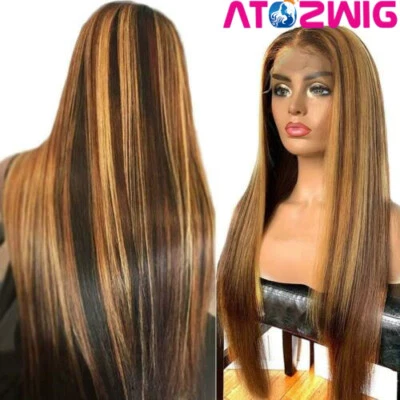 Peluca de cabello humano Remy frontal de encaje recto largo resaltado rubio marrón pre arrancada  Foto 1 de 4