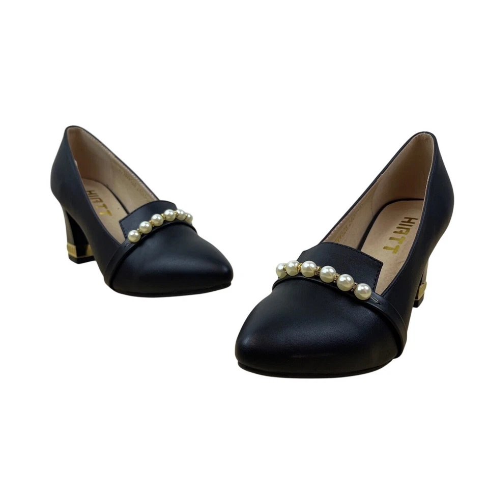 Enfeites femininos Hirtt de couro sintético preto pérola e sapatos dourados tamanho 7 - Imagem 1 de 4
