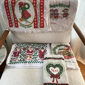 Vtg 80s 90s Christmas Kitchen Towels Set of 5 Santa Teddy Bear Holly Hobbie - Picture 1 of 12