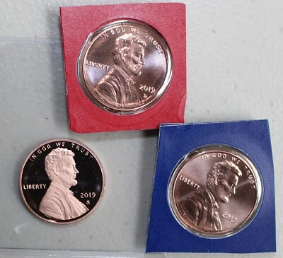 2019 PDS Proof and Uncirculated Lincoln Penny One Cent 3 Coin Collection Three  - Image 1 of 4